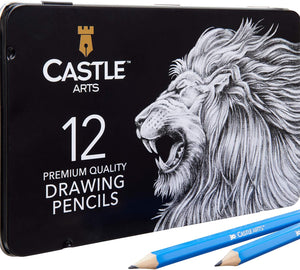 Castle Art Supplies - Juego de 12 lápices de dibujo para adultos y niños y artistas | lápices de grafito con estuche de estaño adicional | Perfecto para iniciar bocetos de sombra o suministros de arte - Arteztik