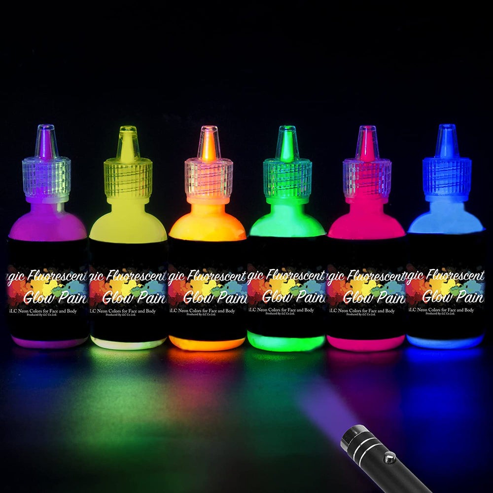6 botellas, 28.3 g Pintura UV para el cuerpo brillante con luz negra fluorescente, segura para la piel, lavable, no tóxica, kit de seis colores - Arteztik