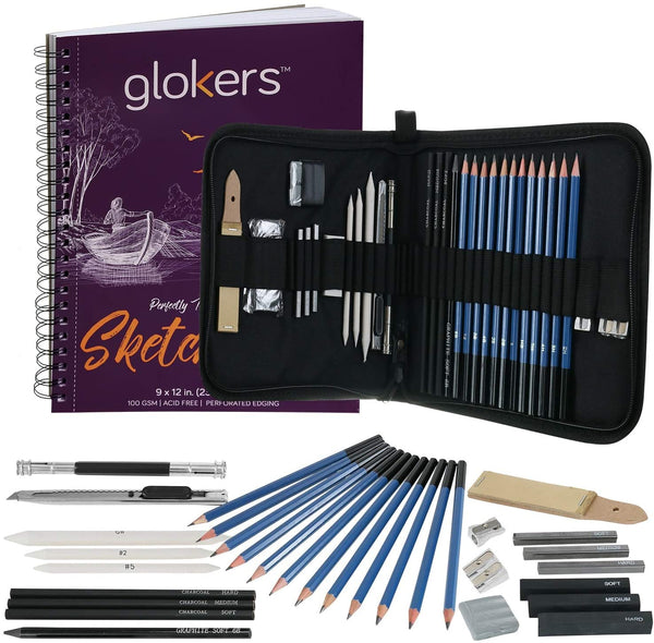 Glokers - Juego de 33 piezas de dibujo para dibujo, lápices de sombra, suministros de arte profesionales - Arteztik