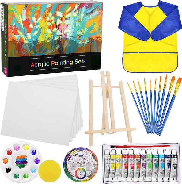 Amagoing Kids Art Set, 33 Pieces Acrylic Paint Set for Kids with Paint Brushes, 8x10 Painting Canvas, Tabletop Easel, Non Toxic Paint, Art Smock and More Art Supplies - Arteztik