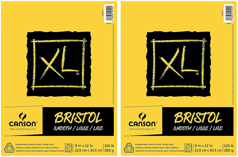 Canson XL Series Bristol Pad, papel pesado, plegable, 100 libras, 9 x 12 pulgadas, color blanco brillante, 25 hojas, Paquete de 2 - Arteztik