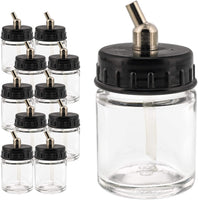 Master Airbrush (Pack of 10) TB-002 Empty 3/4 Ounce (22cc) Glass Jar Bottles with 30° Down Angle Adaptor Lid Assembly - Fits Dual-Action Siphon Feed Airbrushes, Use with Master, Badger, Paasche, Iwata - Arteztik

