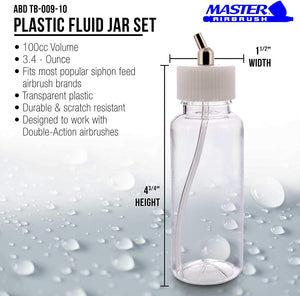 Master Airbrush (paquete de 10) TB-009 Botellas de plástico vacías de 3.4 onzas (100 cc) con adaptador de ángulo inferior de 30° – Se adapta a aerógrafos de alimentación de sifón de doble acción, uso con Master Badger Paasche Iwata - Arteztik
