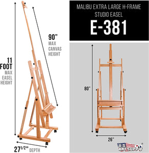 US Art Supply Malibu extragrande H-Frame Deluxe – Caballete de madera Studio con inclinación ajustable y ruedas Caster - Arteztik