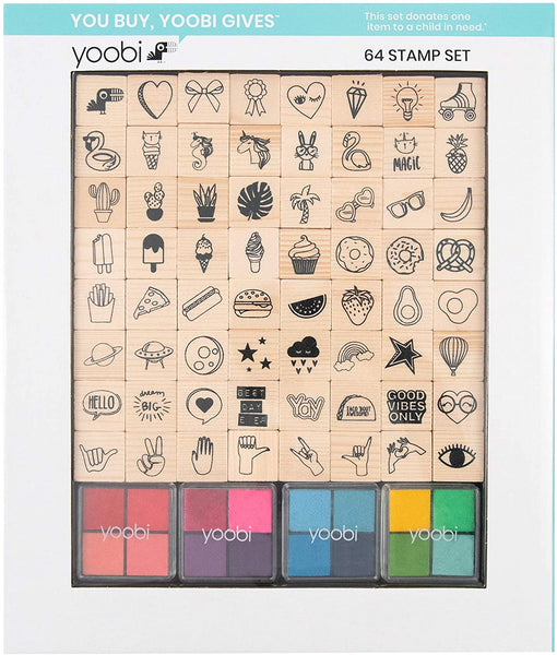 Yoobi - Juego de sellos (80 piezas, 64 sellos y 16 almohadillas de tinta de color), multicolor - Arteztik