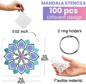 100 Pack Mandala Stencils for Painting - Templates for Rocks Walls Wood Canvas Floors Furniture Tile Segment and Dotting Stones Fabric Small Design 3.6x3.6 Inch Reusable Dot Art Tools Large Set - Arteztik