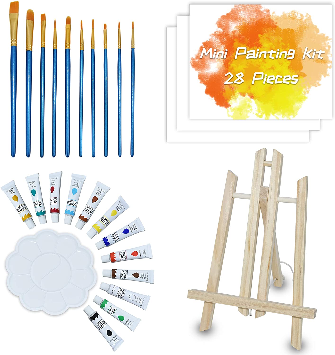 Juego de pintura artística para niños, kit de suministros de pintura con 5  paneles de lienzo, 8 pinceles, 12 pinturas acrílicas, caballete de mesa