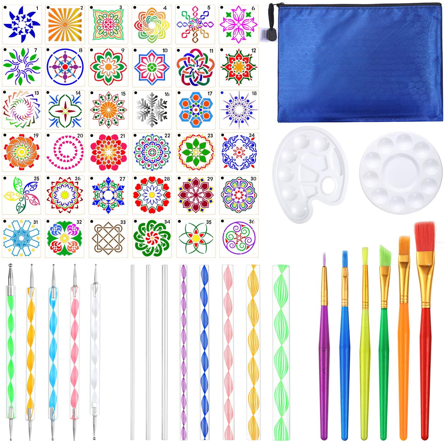 Juego de 58 herramientas de punteo para pintar mandalas, incluye estarcillo  de mandala, lápiz óptico, bandeja de pintura acrílica y bolsa de