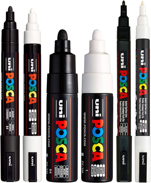 Posca - Juego de 6 bolígrafos (PC-5M, PC-7M, PC-3M), color blanco y negro - Arteztik