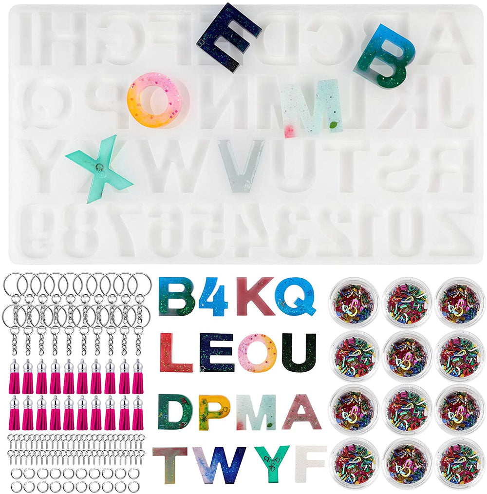JUSTDOLIFE - Moldes de silicona para alfabeto de resina y silicona, diseño de letras, número de moldes de silicona para hacer llavero/número de casa - Arteztik