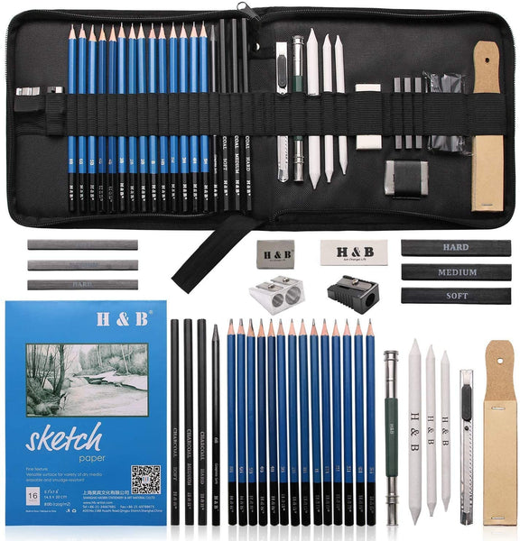 KONIBN 36pcs Drawing and Sketching Pencil Set Professional Drawing Kit in Zipper Carry Case, Sketch Pencils Set Includes Graphite Charcoal Sticks Tool Sketch book, Art Supplies for Adults Kids - Arteztik