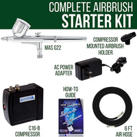 Kit de compresor de aire Master Airbrush, modelo VC16-B22, sistema de aerografía con compresor de aire para aerografía portátil y pequeño de color negro MAS KIT-VC16, incluye libro de aerografía para principiantes - Arteztik