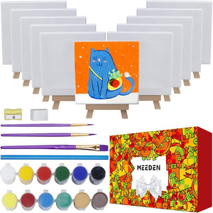 MEEDEN - Juego de 42 piezas de pintura acrílica, 12 caballetes de madera de haya y 12 lienzos estirados, juego de pintura acrílica de 12 x 0.5 fl oz, 3 pinceles y todos los suministros adicionales, elegante caja de regalo para niños y principiantes - Arteztik