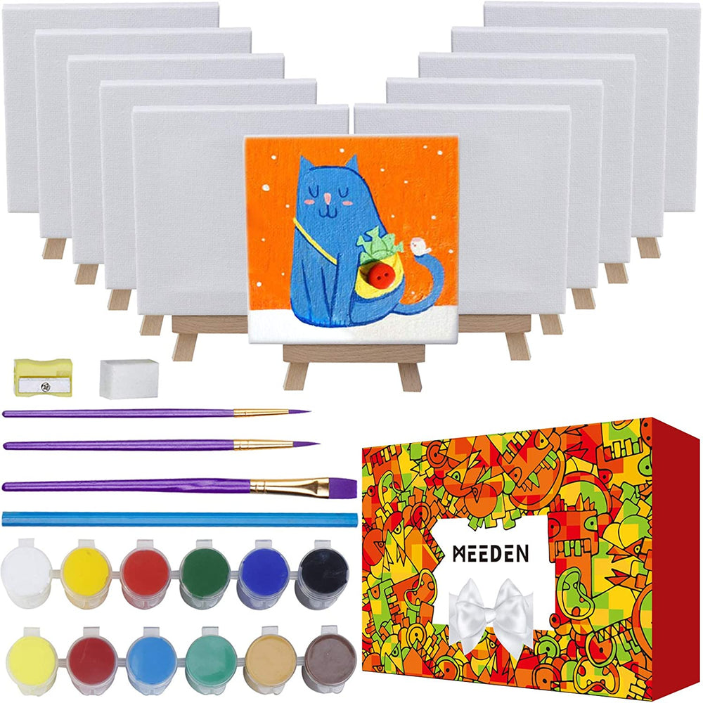 MEEDEN - Juego de 42 piezas de pintura acrílica, 12 caballetes de madera de haya y 12 lienzos estirados, juego de pintura acrílica de 12 x 0.5 fl oz, 3 pinceles y todos los suministros adicionales, elegante caja de regalo para niños y principiantes - Arteztik