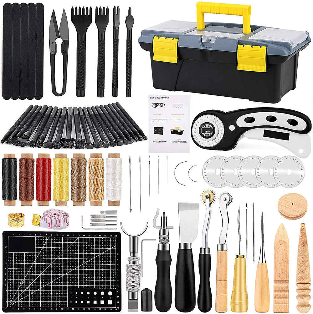 Leather Working Tools Kit, Leather Craft Kits, Hand Leather Tool Kit with Instructions, Quality Toolbox, Rotary Cutter, Waxed Thread, Tracing Wheel, and Other Leather Working Supplies for Beginners - Arteztik