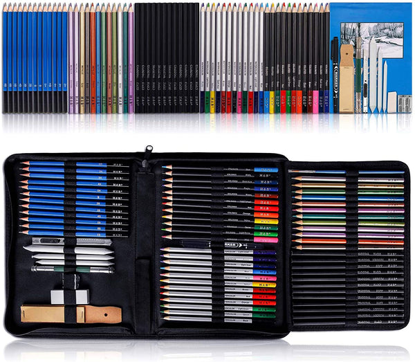 K Kwokker Lápices de carbón para dibujo, 72 lápices de dibujo para artistas, lápices de colores para colorear adultos, 5 tipos de lápiz (carbón, grafito/color/acuarela/metálico), sacapuntas - Arteztik