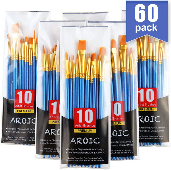 Juego de pinceles de pintura acrílica, 6 paquetes / 60 cepillos de pelo de nailon para todo tipo de usos para pintura al óleo, acuarela, kit profesional - Arteztik