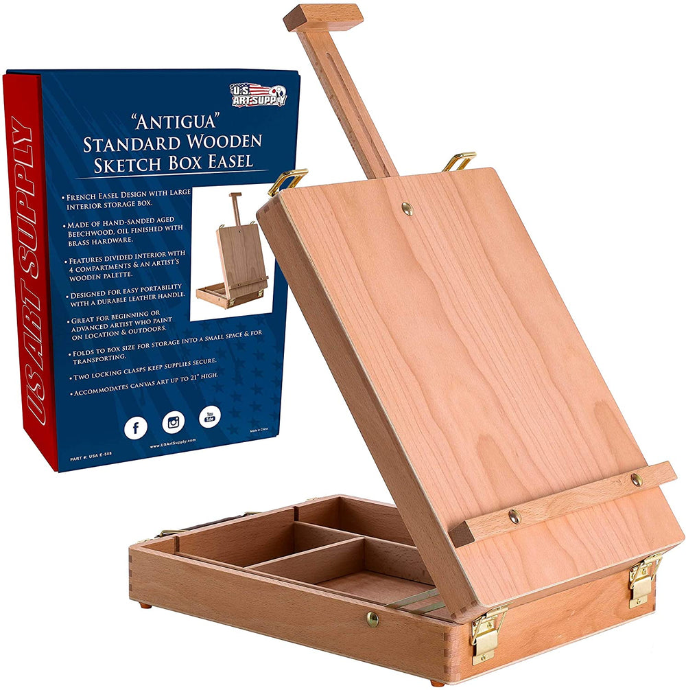 U.S. Art Supply Antigua - Caballete de madera ajustable para mesa de dibujo, madera de haya de alta calidad, estuche de almacenamiento portátil de madera para artistas, para almacenar pintura de arte, rotuladores, bloc de dibujo, caja para dibujo, pintura - Arteztik