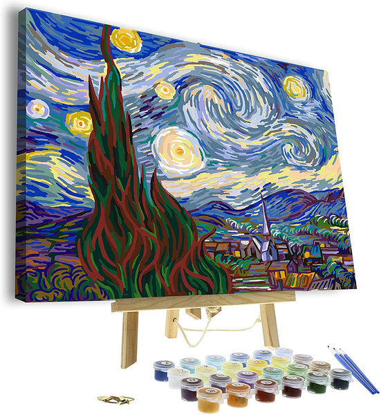 Pixel Splash - Pintura por Numbers for Adults | Lienzo enmarcado y caballete de madera | Juego completo de pintura al óleo de varios colores y accesorios de brochas | Réplica de Soul Dancer 30 x 40 cm (La Noche Estrellada) - Arteztik