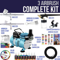 Equipo profesional de 3 sistemas de aerógrafo con compresor y kit de pinturas de 6 colores primarios, de Master Airbrush - Arteztik