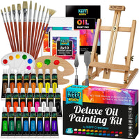 Keff Creations Juego de pintura al óleo | Set de pintura incluye muchos suministros de arte – caballete de mesa, lienzo estirado, pinceles de pintura, paleta de pintura, gran kit de aceite para principiantes o profesionales