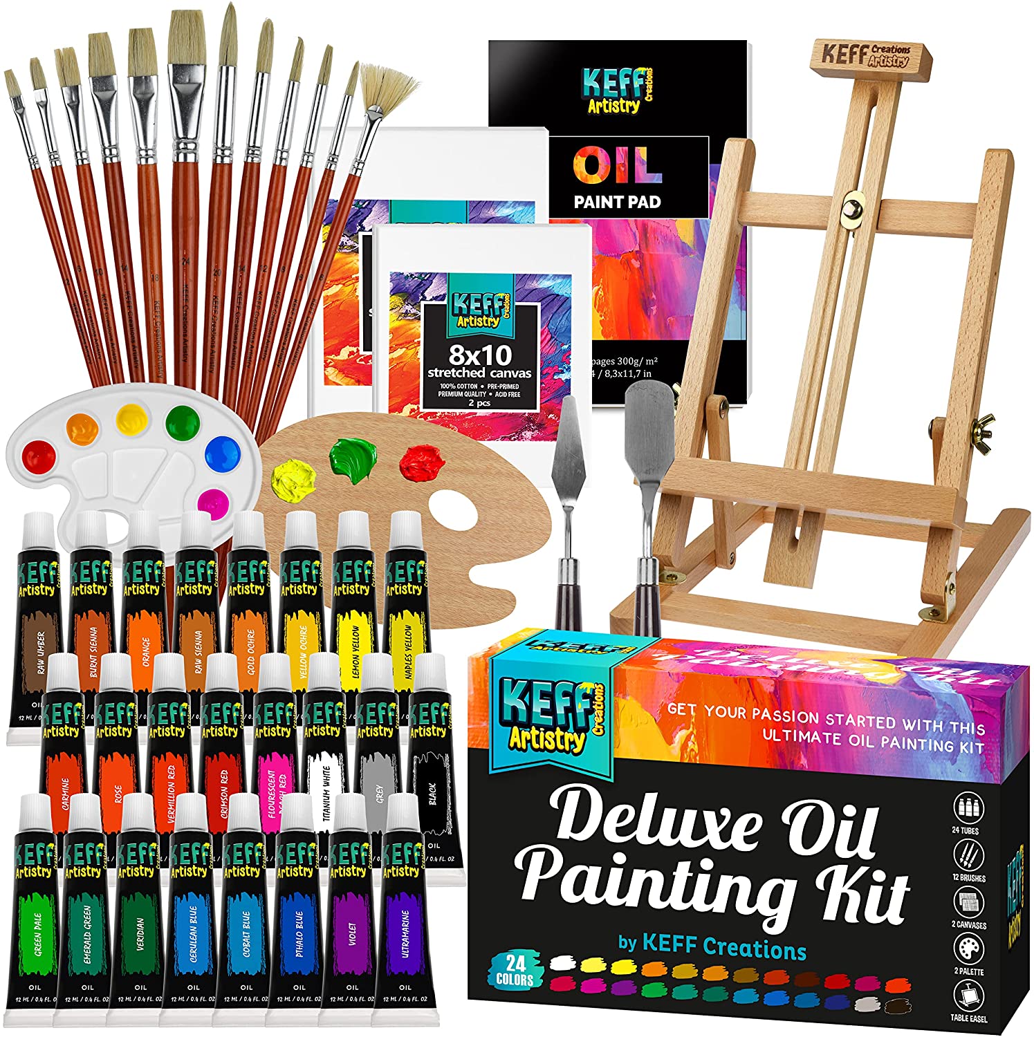 Keff Creations Juego de pintura al óleo | Set de pintura incluye muchos  suministros de arte – caballete de mesa, lienzo estirado, pinceles de  pintura