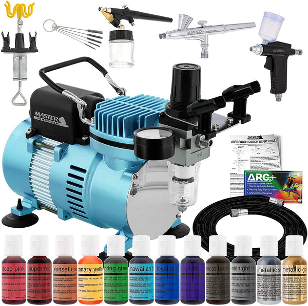 Master Airbrush Cool Runner II Dual Fan Compresor de aire Pro Kit de sistema de decoración para tartas con 3 aerógrafos, alimentación de gravedad y sifón, 12 colores Chefmaster Food Coloring Set - How-to Guide, Cupcake, Cookie - Arteztik