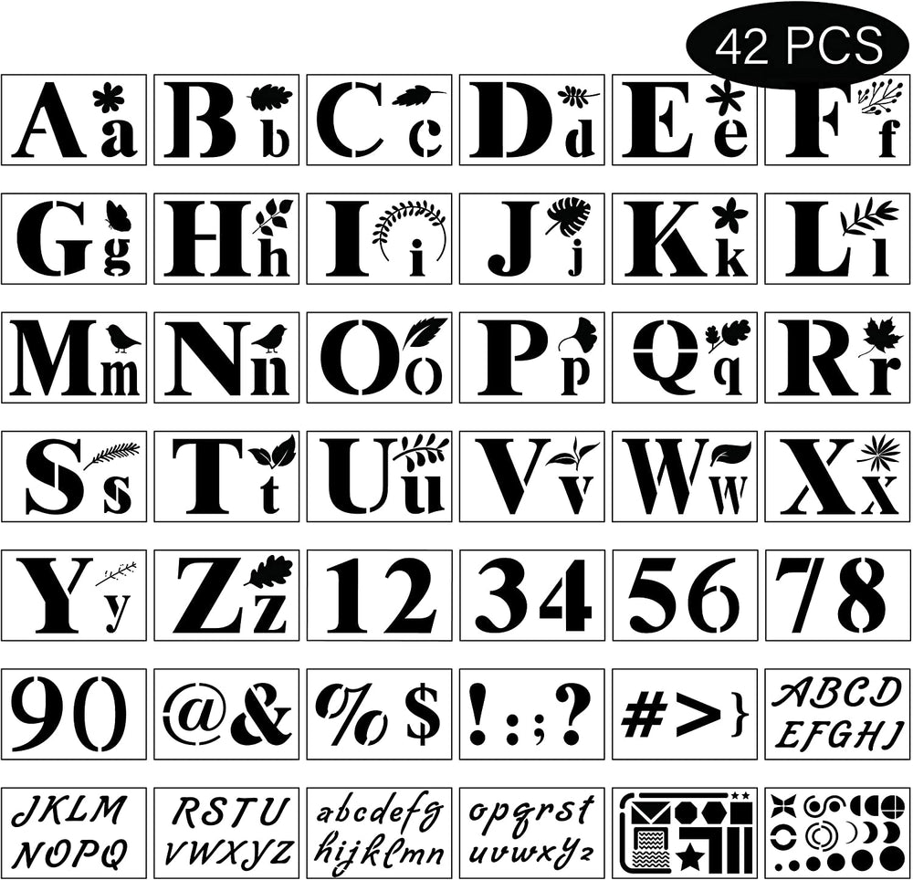 Lesnala 42 plantillas reutilizables de plástico para letras, plantillas de número, hojas de flores, formas geométricas, diseño para dibujo artístico, manualidades, escritura de bricolaje, hacer letrero en madera, vidrio, tela, papel, 8.27