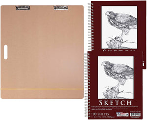 US Art Supply 23" X 26" Artist Sketch Tote Board Bundled with 11" x 14" Side Spiral Bound - 60lb Sketch Drawing Pad (Pack of 2 Pads) - 100 Sheets in Each Sketch Paper Pad - Arteztik