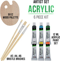 US Art Supply - Set de paleta de madera con 6 unidades de acrílico y set de 3 unidades de brochas. - Arteztik
