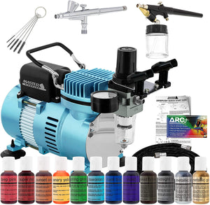 Master Airbrush Cake Decorating Airbrushing System Kit with 2 Airbrushes, Gravity and Siphon, 12 Color Chefmaster Food Coloring Set, Pro Cool Runner II Dual Fan Air Compressor - How To Guide, Cupcakes - Arteztik