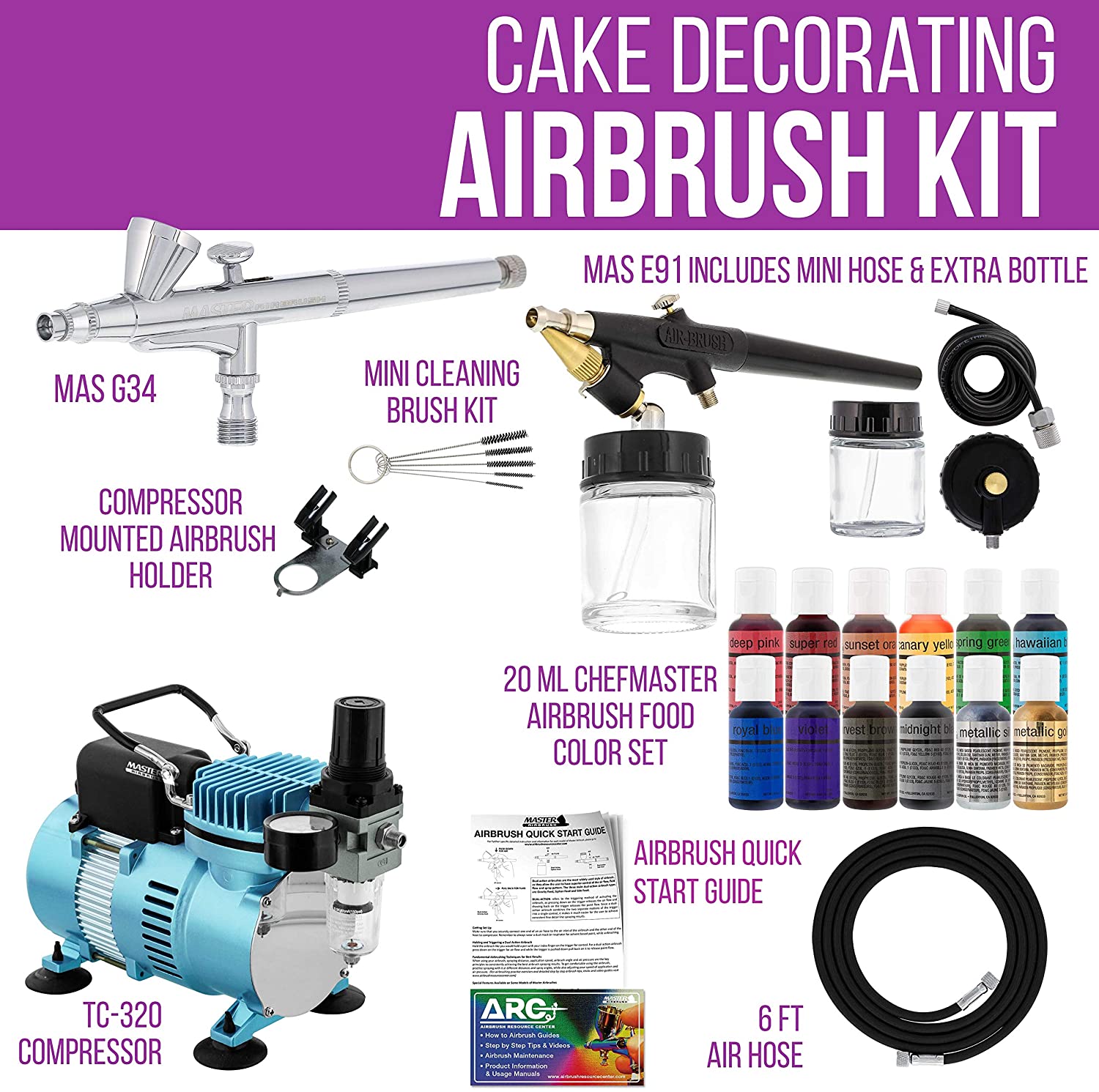 Pointzero Cake Airbrush Decorating Kit - 2 Airbrushes Compressor Bundle with 6 Chefmaster Colors