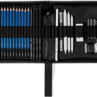 Jannay Set de Dibujo – Lápices y herramientas de boceto, suministros de arte profesionales en una funda portátil – 34 piezas – Bono: lápiz de carbón blanco y cuaderno de papel de calidad de 100 Pg, sin cuchillos afilados. - Arteztik