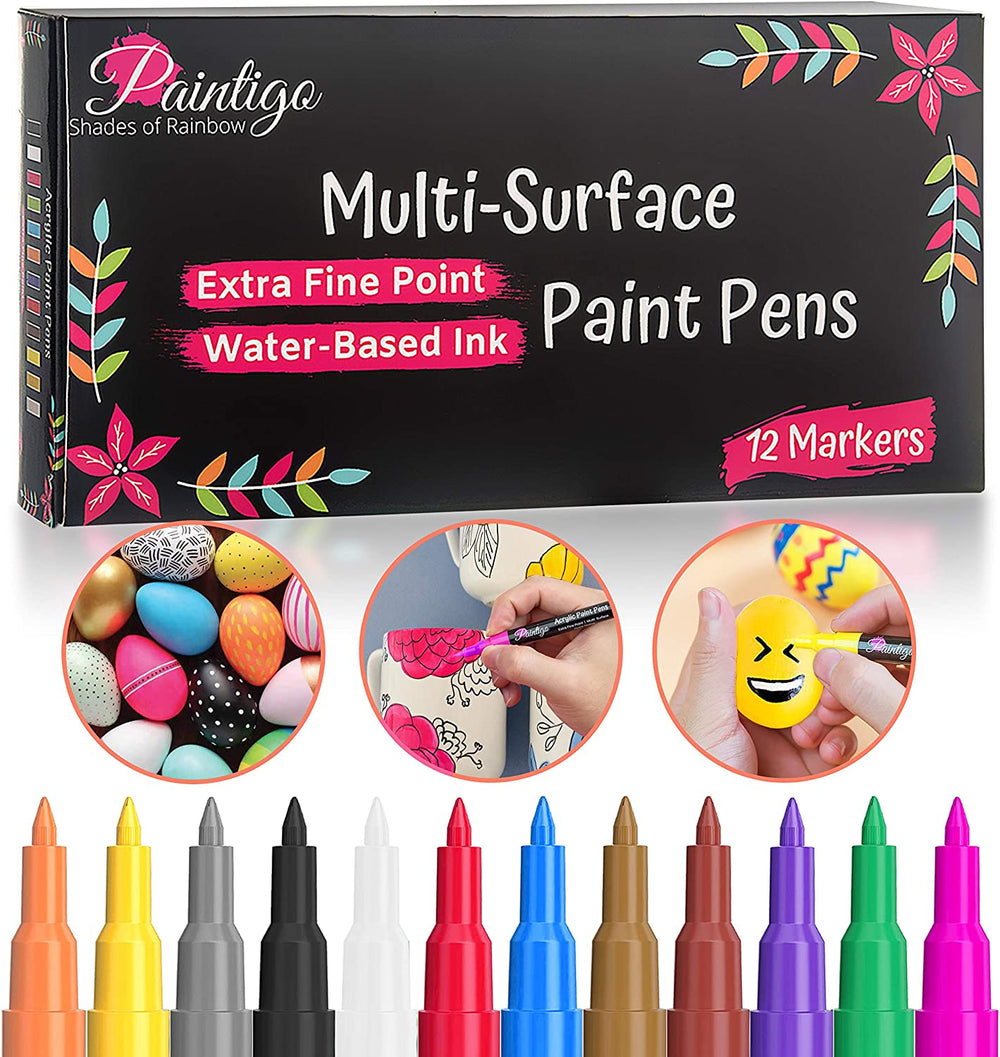 Paintigo - Juego de 12 rotuladores acrílicos con base de agua, punta extra fina de 0.028 in, ideal para vidrio, tela, cerámica, madera, porcelana, lienzo, pintura de roca, taza de bricolaje - Arteztik