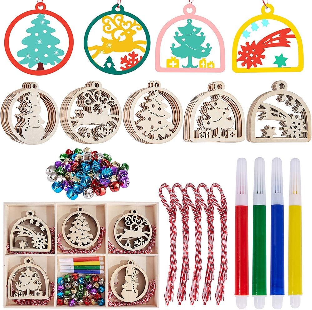 Artmag 50 piezas de adornos colgantes de madera sin terminar para decoraciones de Navidad, 5 estilos DIY rebanadas de madera con agujeros para niños, manualidades, centros de mesa de fiesta y decoraciones colgantes - Arteztik
