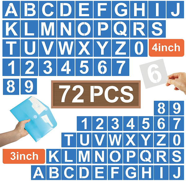 72 PCS Letter Stencils for Painting on Wood - Alphabet Stencils with Calligraphy Font Upper and Lowercase Letters - Reusable Plastic Art Craft Stencils with Numbers and Signs - 3'',4'' - Arteztik