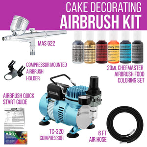Professional Master Airbrush Cake Decorating Airbrushing System Kit with a 6 Color Chefmaster Food Coloring Set - G22 Gravity Feed Airbrush and Air Compressor - Decorate Cakes, Cupcakes and Cookies - Arteztik