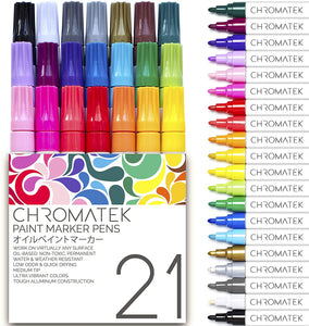 Paint Pens for Rock Painting, Stone, Ceramic, Glass, Wood. 21 Oil Based Pens by Chromatek. Medium Tip. Waterproof. Quick Drying. Never Fade. Online Video Tutorials, Ebook With Dozens of Ideas and Lessons. - Arteztik