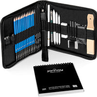 Jannay Set de Dibujo – Lápices y herramientas de boceto, suministros de arte profesionales en una funda portátil – 34 piezas – Bono: lápiz de carbón blanco y cuaderno de papel de calidad de 100 Pg, sin cuchillos afilados. - Arteztik