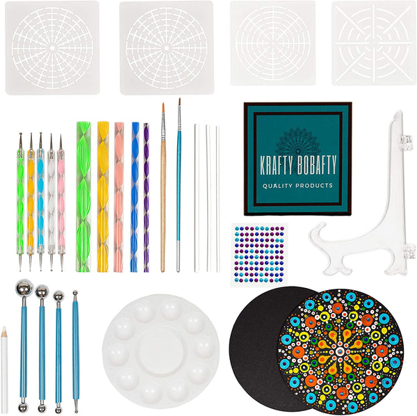 Krafty Bobafty Mandala Dotting Tools Set - 28 piezas de rocas de pintura, juego de arte de calidad Stylus Craft, diseños de pintura en plantillas redondas (incluidas), así como pintura y lienzos de cualquier forma o tamaño. - Arteztik