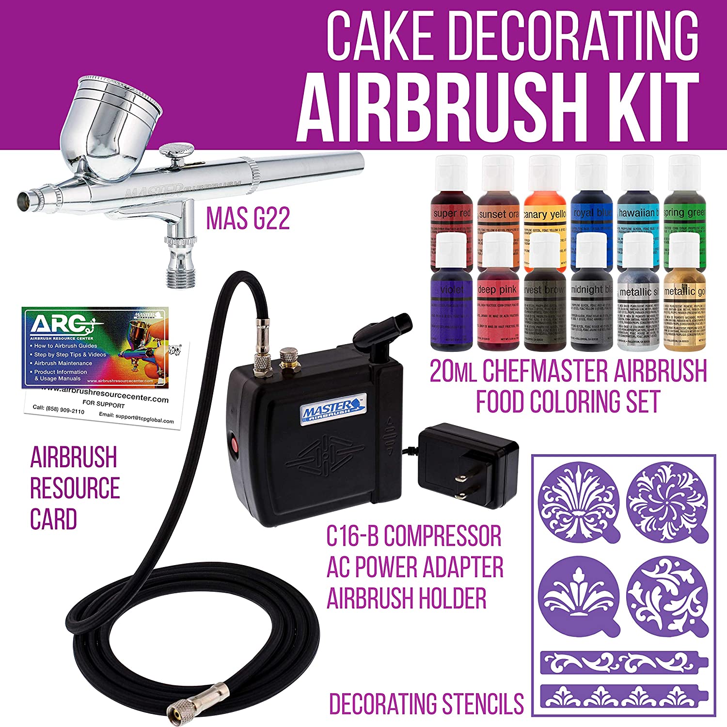 PointZero Airbrush Cake Decorating Kit - 2 Airbrushes, Compressor Bundle  with 6 Chefmaster Colors