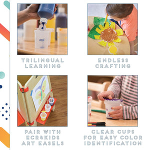ECR4Kids - Juego de 10 vasos de pintura trilingües grandes sin derrames con tapas, suministros de arte educativo para niños y niños pequeños - Arteztik